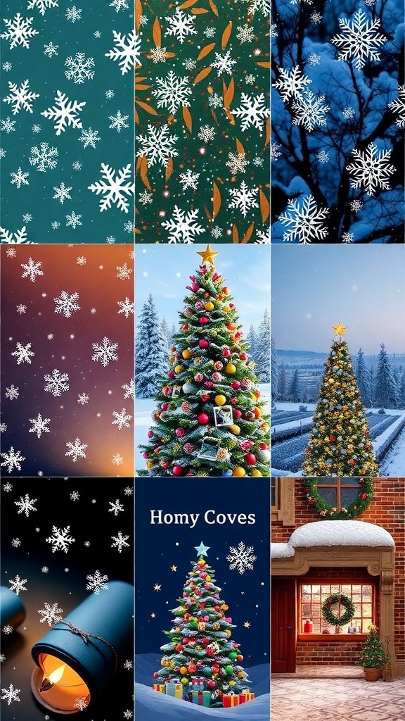 Christmas Aesthetic Wallpaper Ideas A collage of Christmas-themed wallpapers with snowflakes, trees, and festive patterns.
